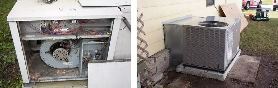 Mr. Nelms' original air conditioning unit and the new unit donated by Sean McCutcheon's Air Conditioning and Heating.