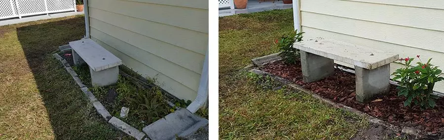 Before and after pictures of new plantings and mulch donated by Pestguard Commercial.